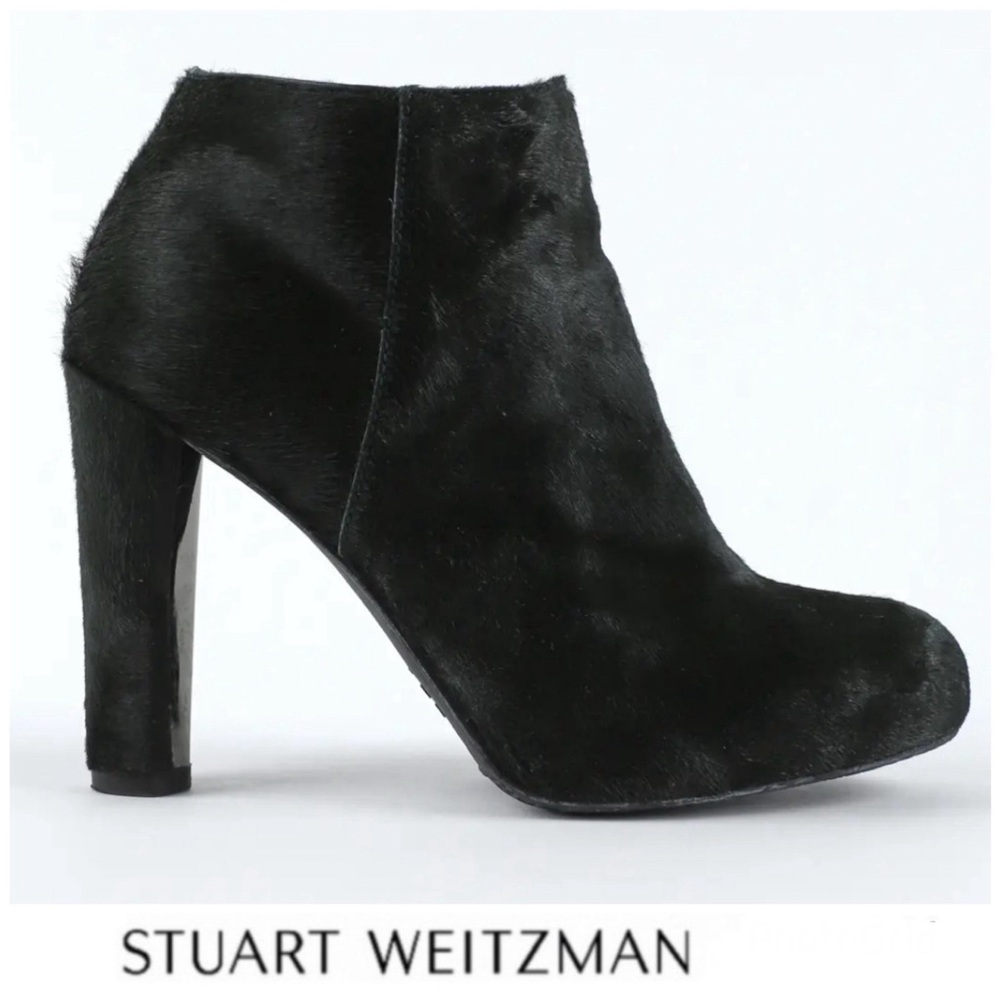 STUART WEITZMAN Black Cowhide Leather Zipper Block Heel Booties Ankle Boots Sz 8